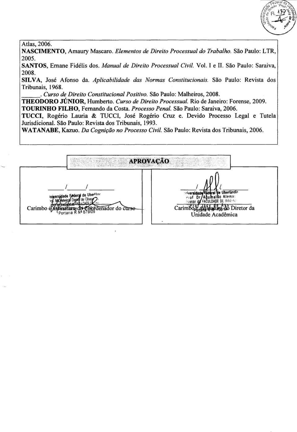 Sao Paulo: Malheiros, 2008. THEODORO JUNIOR, Humberto. Curso de Direito Processual. Rio de Janeiro: Forense, 2009. TOURINHO FILHO, Fernando da Costa. Processo Penal. Sao Paulo: Saraiva, 2006.