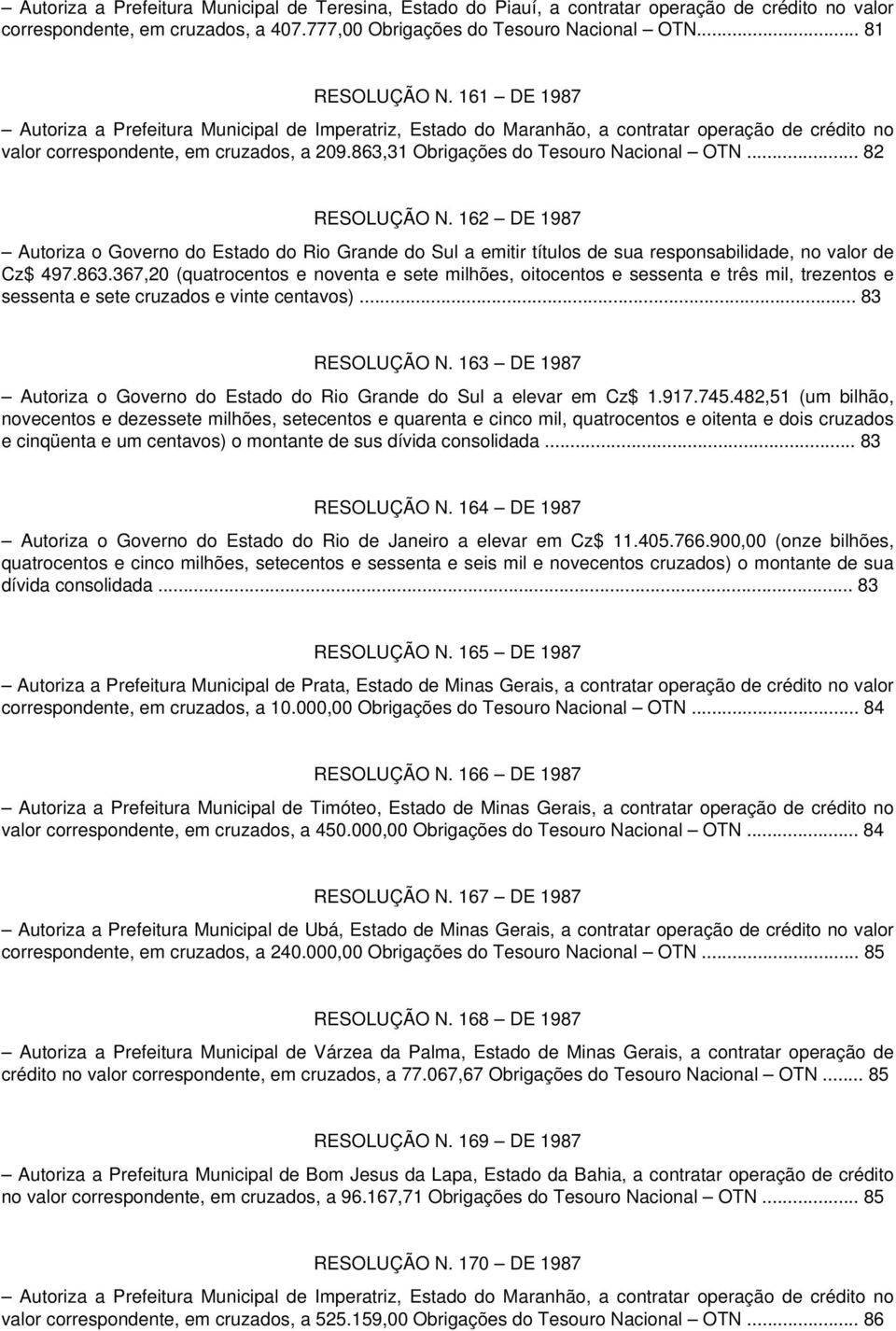 .. 82 RESOLUÇÃO N. 162 DE 1987 Autoriza o Governo do Estado do Rio Grande do Sul a emitir títulos de sua responsabilidade, no valor de Cz$ 497.863.