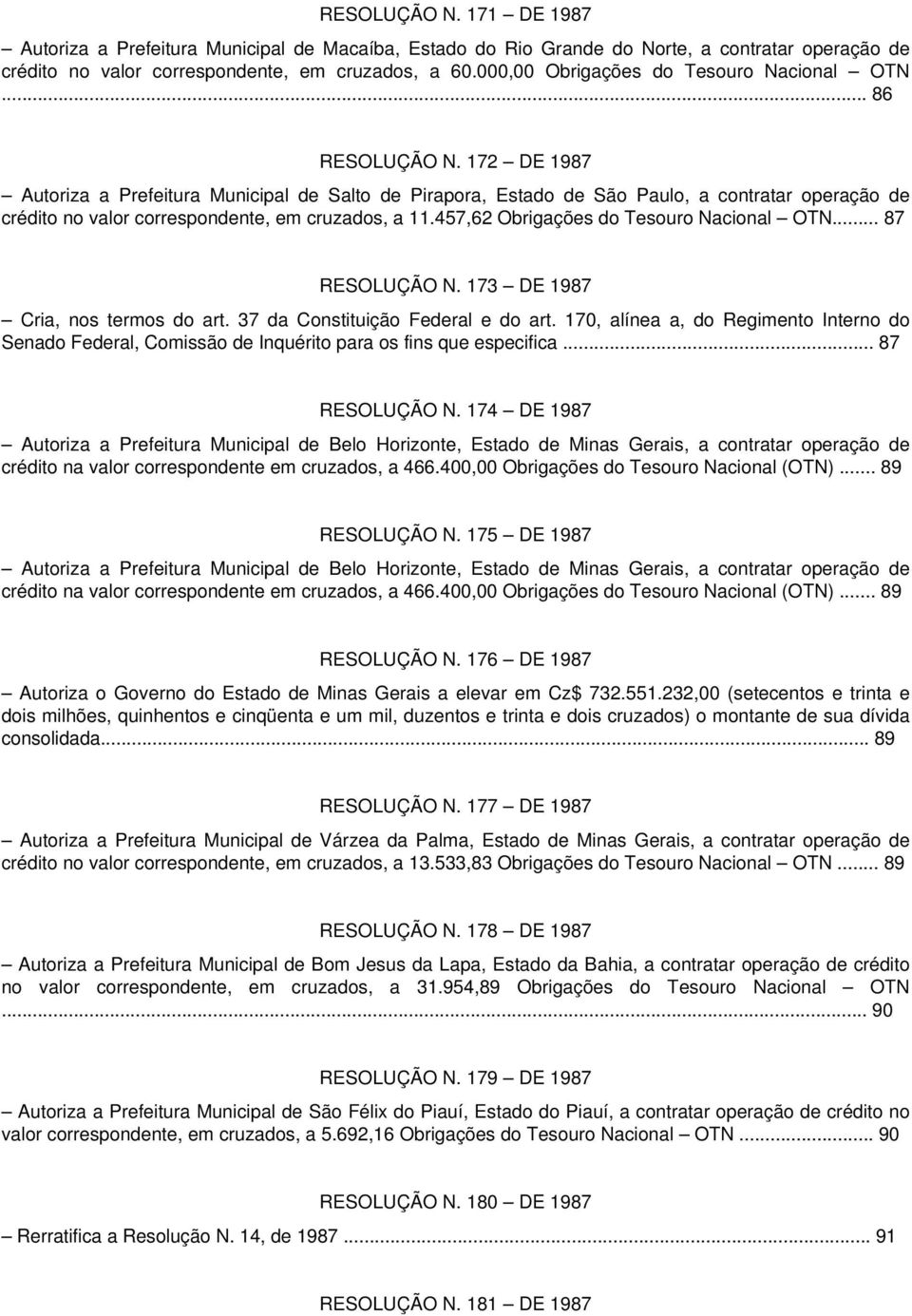 172 DE 1987 Autoriza a Prefeitura Municipal de Salto de Pirapora, Estado de São Paulo, a contratar operação de crédito no valor correspondente, em cruzados, a 11.457,62 Obrigações do... 87 RESOLUÇÃO N.