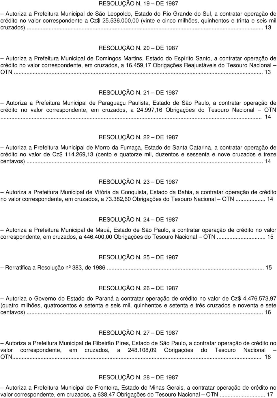 20 DE 1987 Autoriza a Prefeitura Municipal de Domingos Martins, Estado do Espírito Santo, a contratar operação de crédito no valor correspondente, em cruzados, a 16.