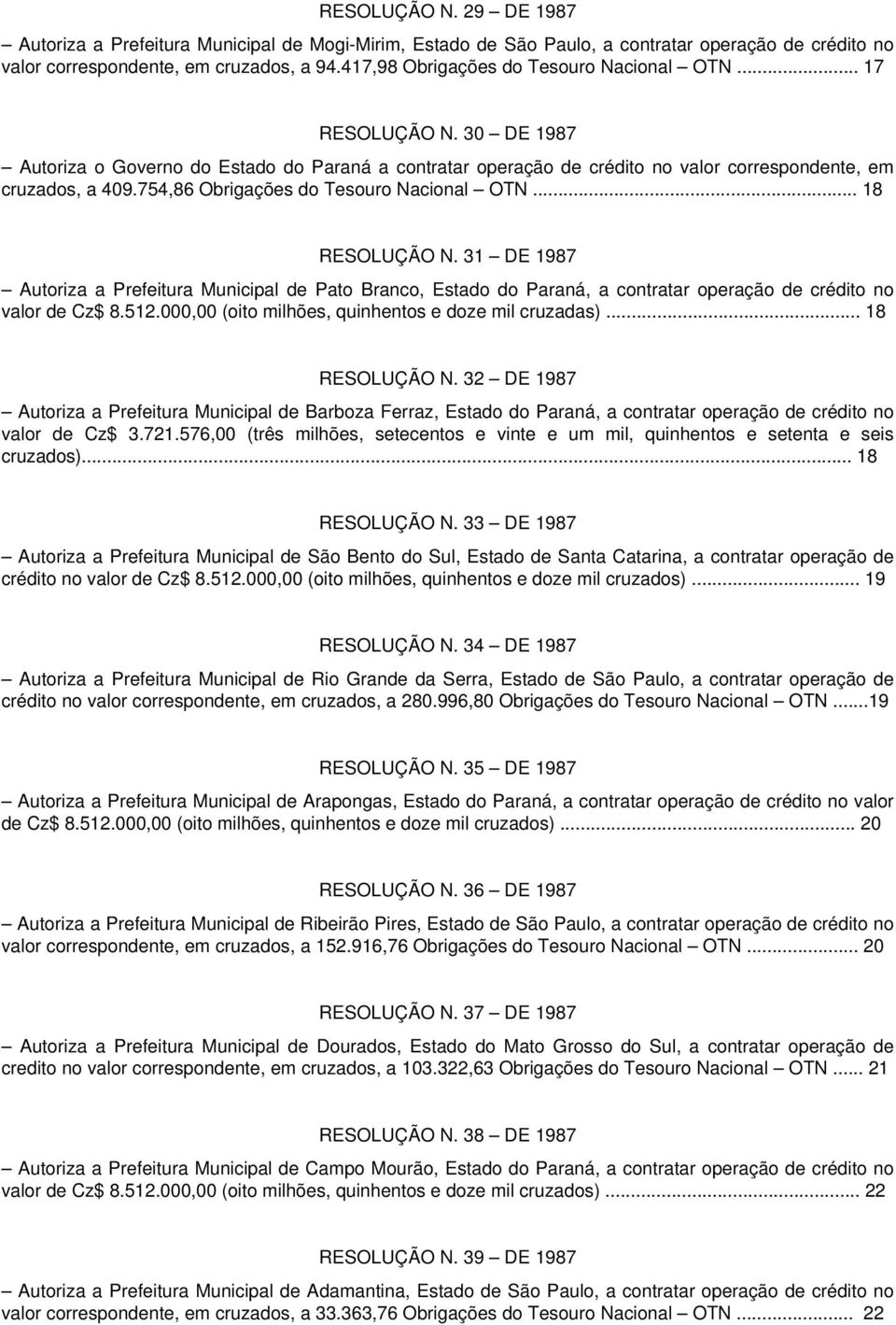 754,86 Obrigações do Tesouro Nacional OTN... 18 RESOLUÇÃO N. 31 DE 1987 Autoriza a Prefeitura Municipal de Pato Branco, Estado do Paraná, a contratar operação de crédito no valor de Cz$ 8.512.