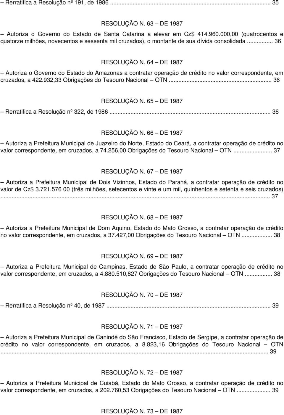 64 DE 1987 Autoriza o Governo do Estado do Amazonas a contratar operação de crédito no valor correspondente, em cruzados, a 422.932,33 Obrigações do Tesouro Nacional OTN... 36 RESOLUÇÃO N.