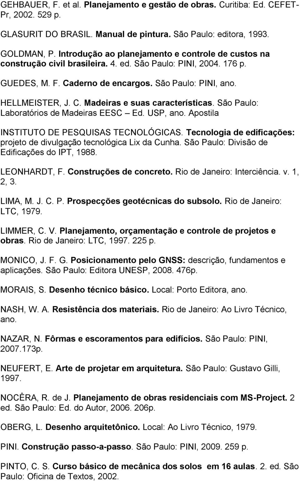 São Paulo: Laboratórios de Madeiras EESC Ed. USP, ano. Apostila INSTITUTO DE PESQUISAS TECNOLÓGICAS. Tecnologia de edificações: projeto de divulgação tecnológica Lix da Cunha.