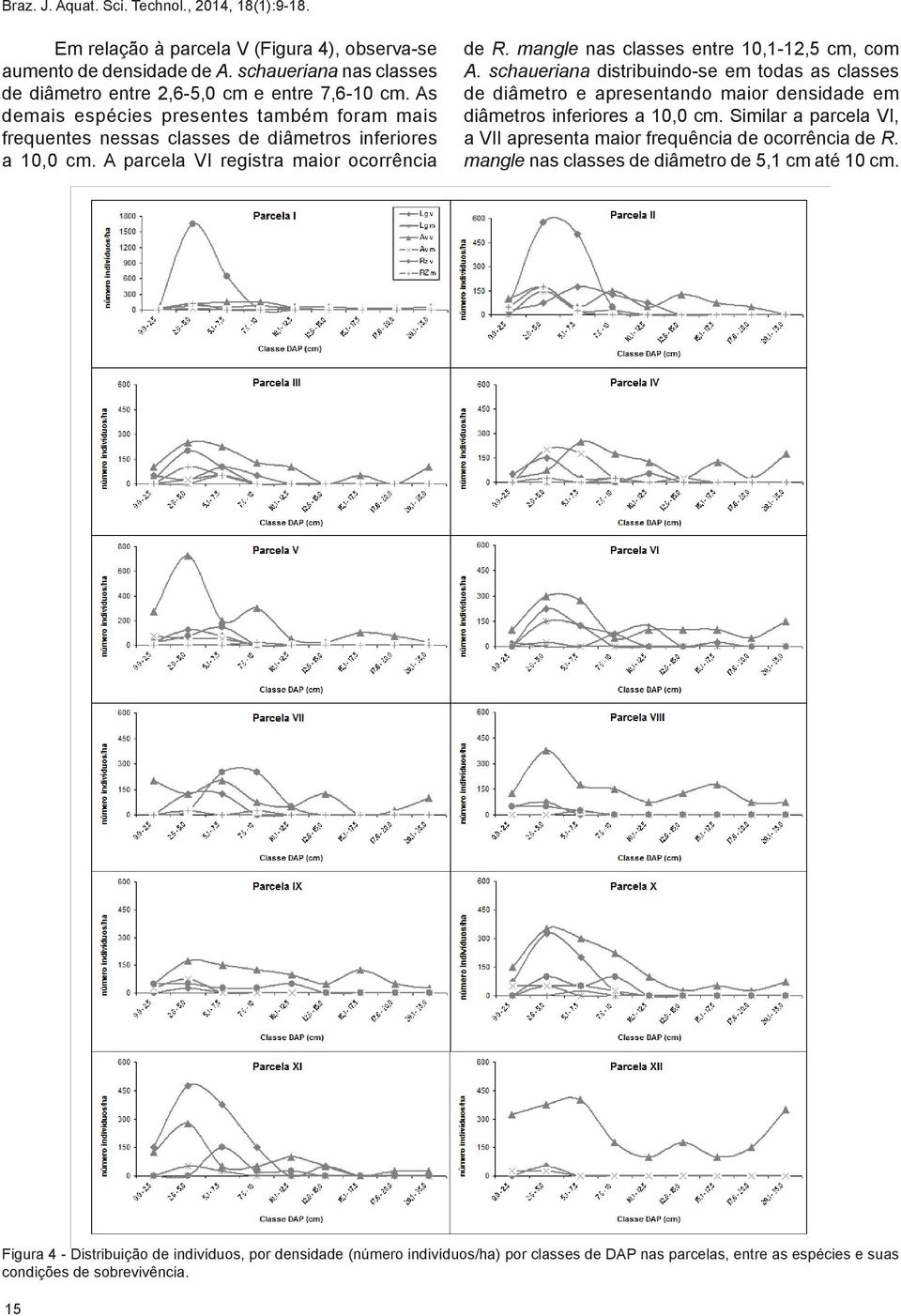 schaueriana distribuindo-se em todas as classes de diâmetro e apresentando maior densidade em diâmetros inferiores a 10,0 cm. Similar a parcela VI, a VII apresenta maior frequência de ocorrência de R.