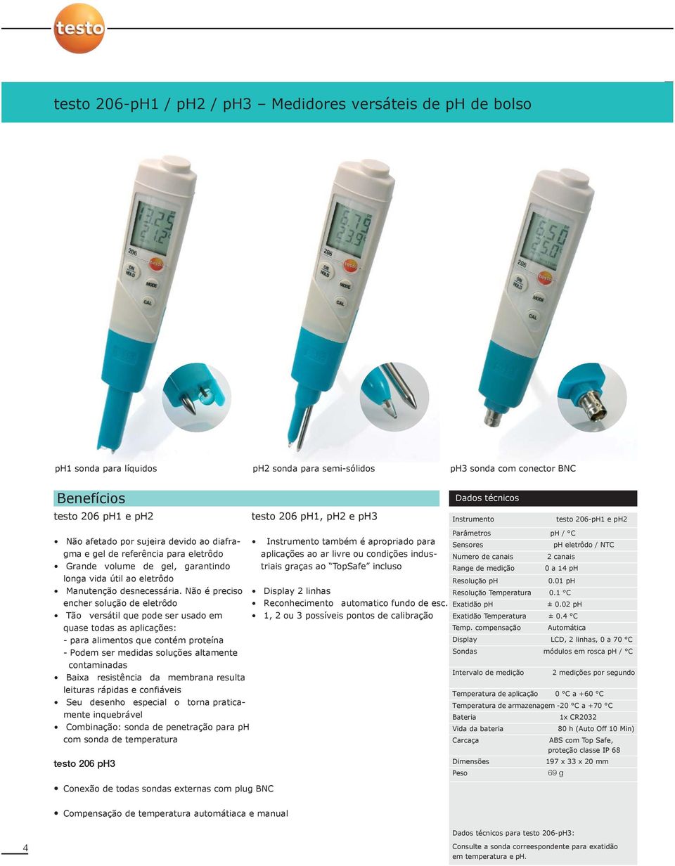 Numero de canais ph eletrôdo / NTC 2 canais Grande volume de gel, garantindo longa vida útil ao eletrôdo graças ao incluso Range de medição Resolução ph 0 a 14 ph 0.01 ph Manutenção desnecessária.