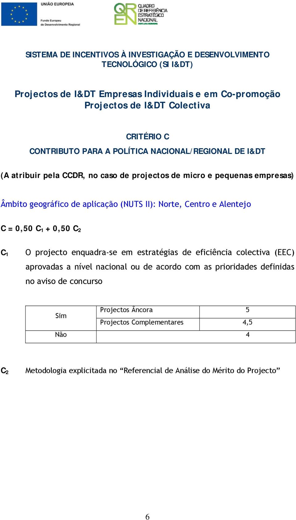 Norte, Centro e Alentejo C = 0,50 C 1 + 0,50 C 2 C 1 O projecto enquadra-se em estratégias de eficiência colectiva (EEC) aprovadas a nível nacional ou de acordo com as