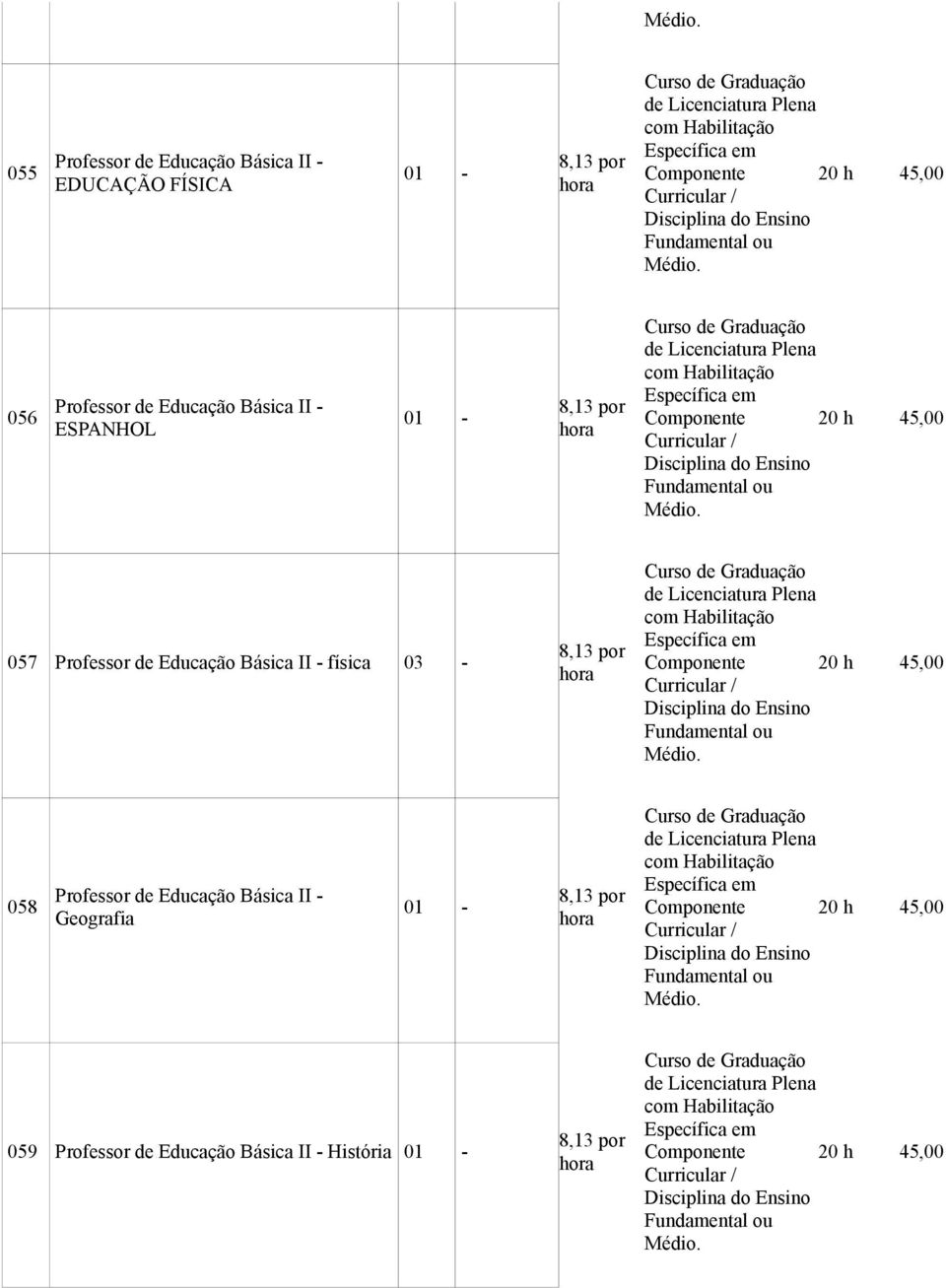 ou  056 Professor de Educação Básica II - ESPANHOL 01-8,13 por hora Curso de Graduação de Licenciatura Plena com Habilitação Específica em Componente Curricular / Disciplina do Ensino Fundamental ou 