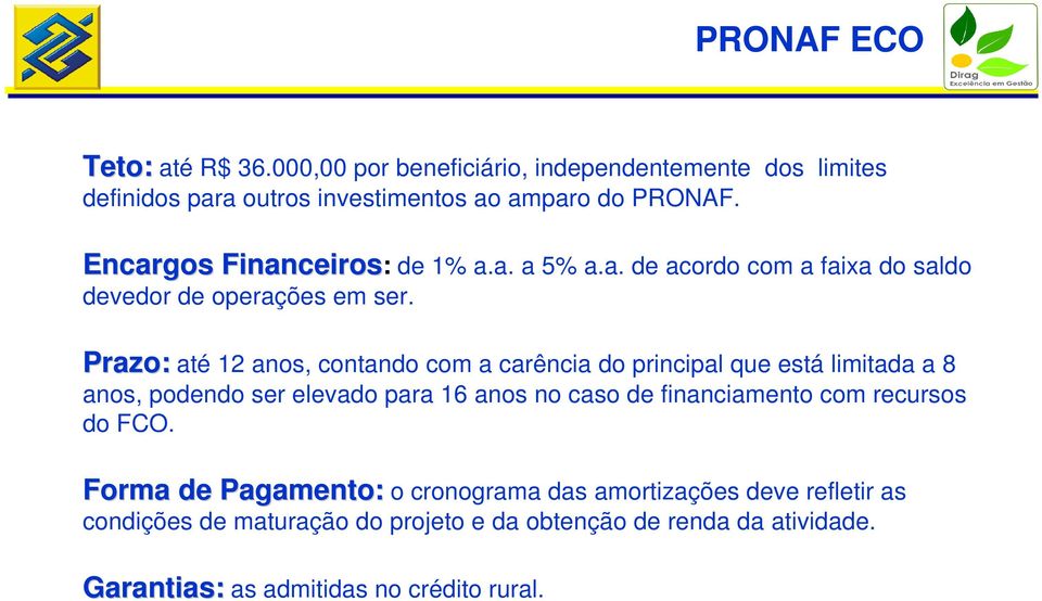 Prazo: até 12 anos, contando com a carência do principal que está limitada a 8 anos, podendo ser elevado para 16 anos no caso de financiamento com