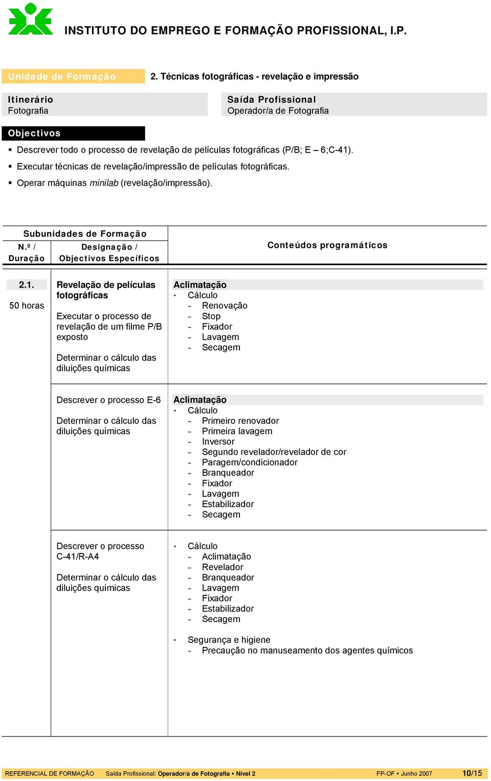 Executar técnicas de revelação/impressão de películas fotográficas. Operar máquinas minilab (revelação/impressão). 2.1.