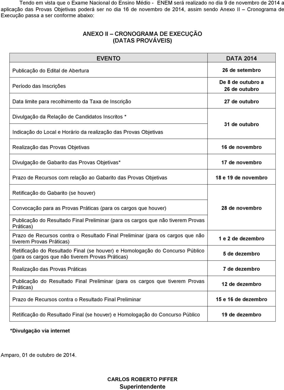 recolhimento da Taxa de Inscrição 26 de setembro De 8 de outubro a 26 de outubro 27 de outubro Divulgação da Relação de Candidatos Inscritos * Indicação do Local e Horário da realização das Provas