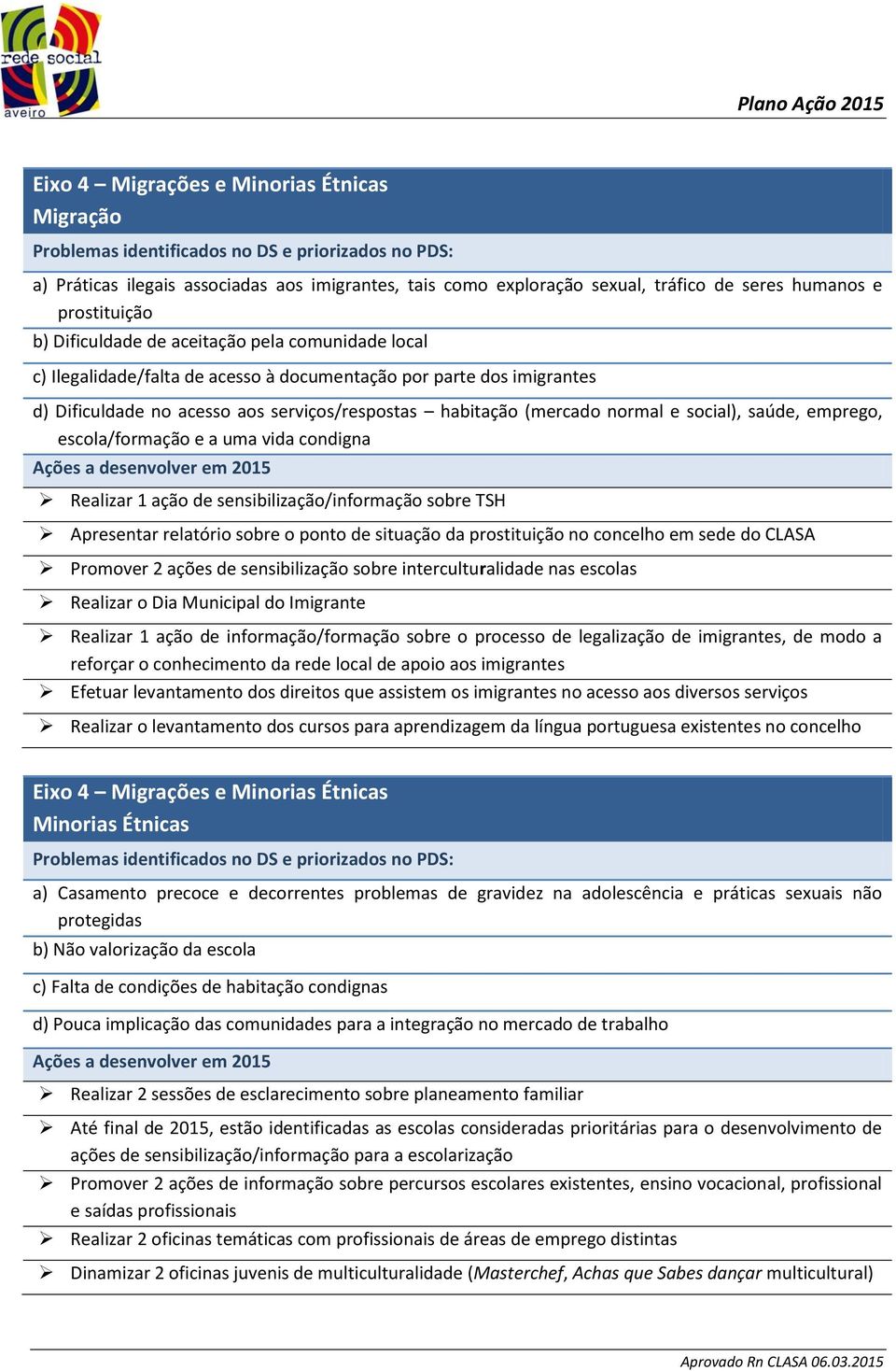 escola/formação e a uma vida condigna Realizar 1 ação de sensibilização/informação sobre TSH Apresentar relatório sobre o ponto de situação da prostituição no concelho em sede do CLASA Promover 2