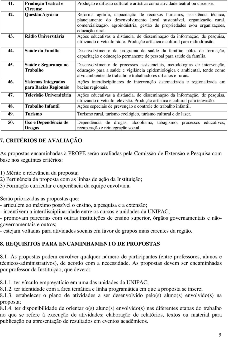 propriedades e/ou organizações, educação rural. 43. Rádio Universitária Ações educativas a distância, de disseminação da informação, de pesquisa, utilizando o veículo rádio.