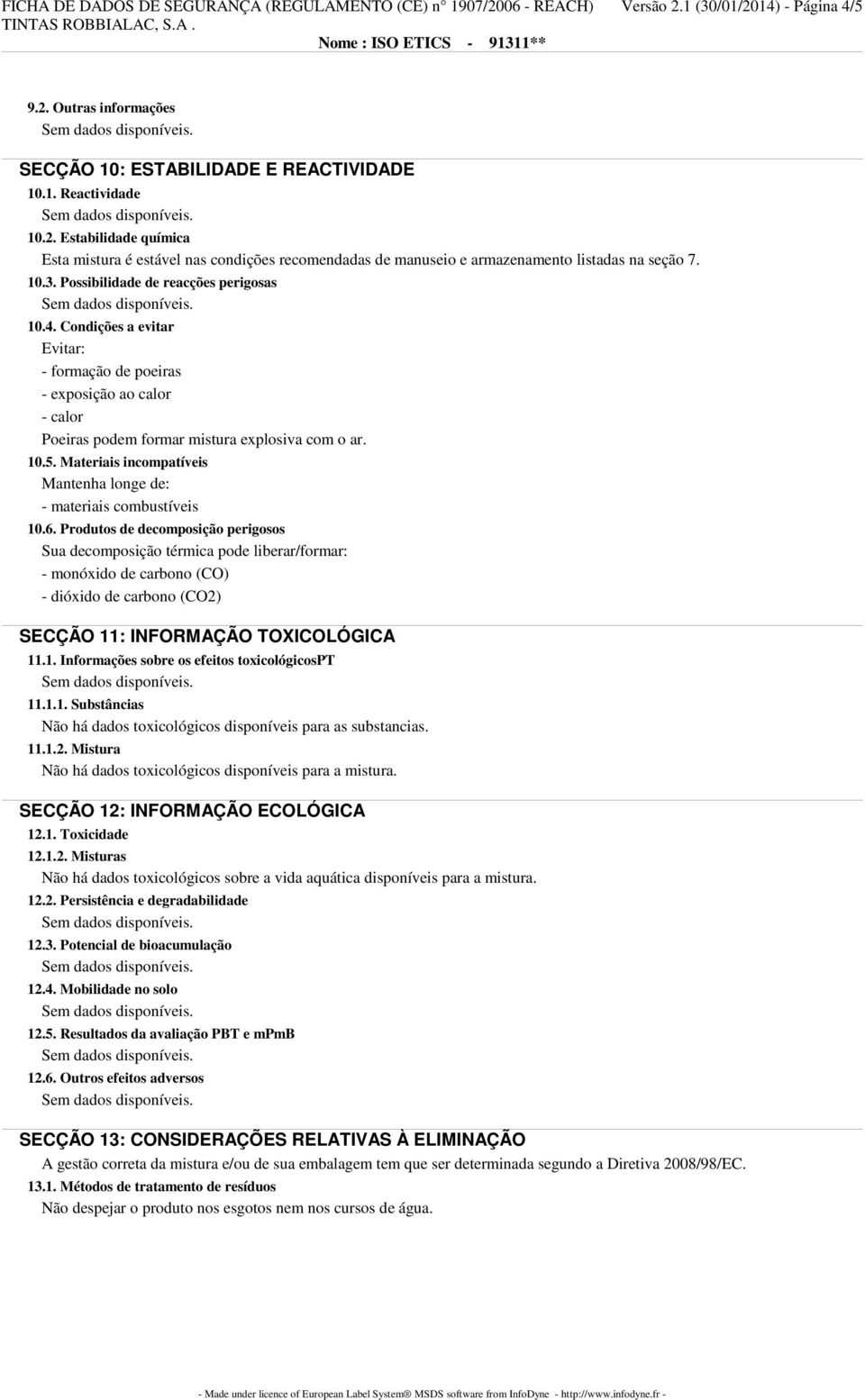 Materiais incompatíveis Mantenha longe de: - materiais combustíveis 10.6.