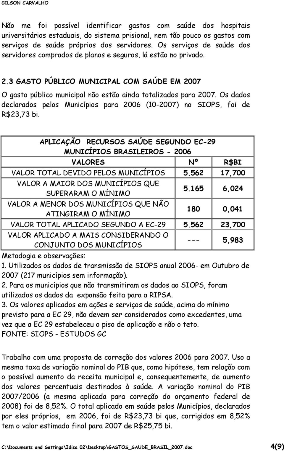 Os dados declarados pelos Municípios para 2006 (10-2007) no SIOPS, foi de R$23,73 bi.