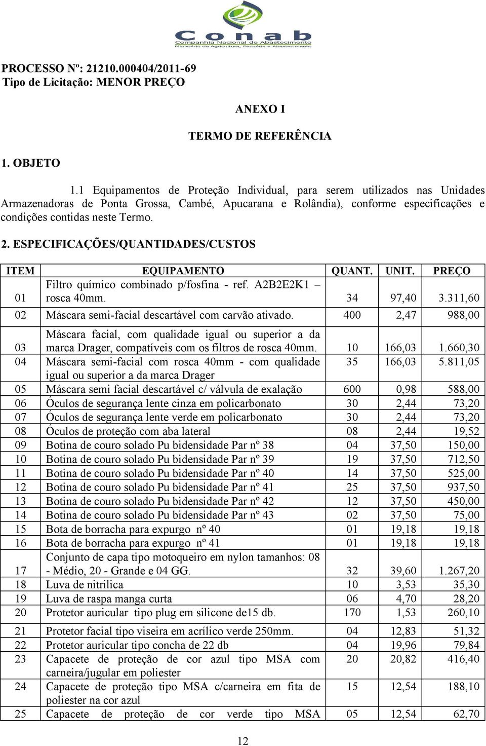 ESPECIFICAÇÕES/QUANTIDADES/CUSTOS ITEM EQUIPAMENTO QUANT. UNIT. PREÇO Filtro químico combinado p/fosfina - ref. A2B2E2K1 01 rosca 40mm. 34 97,40 3.