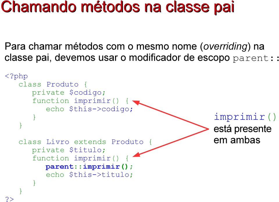 $codigo; function imprimir() { echo $this->codigo; class Livro extends Produto { private