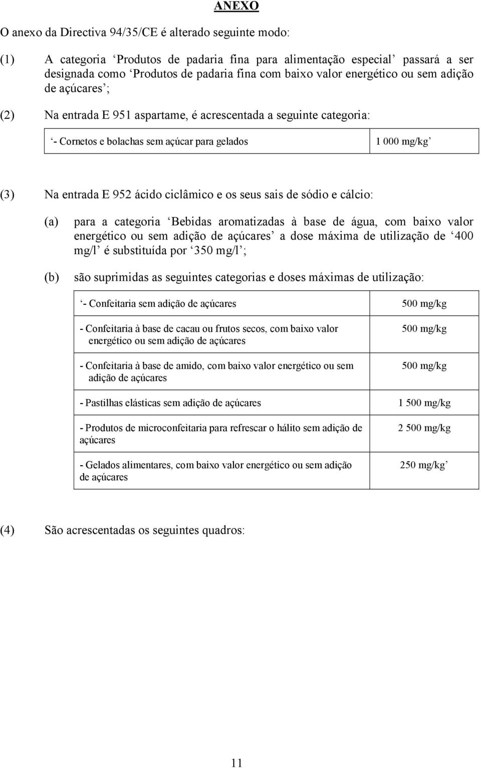 ciclâmico e os seus sais de sódio e cálcio: (a) (b) para a categoria Bebidas aromatizadas à base de água, com baixo valor energético ou sem adição de açúcares a dose máxima de utilização de 400 mg/l