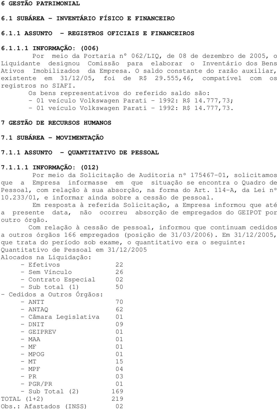 1 ASSUNTO - REGISTROS OFICIAIS E FINANCEIROS 6.1.1.1 INFORMAÇÃO: (006) Por meio da Portaria n 062/LIQ, de 08 de dezembro de 2005, o Liquidante designou Comissão para elaborar o Inventário dos Bens Ativos Imobilizados da Empresa.