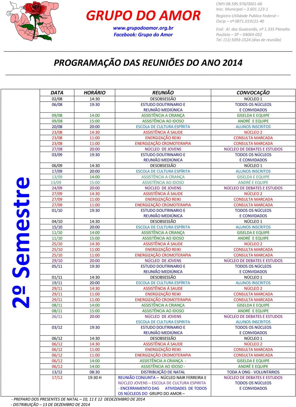 ESTUDOS 03/09 ESTUDO DOUTRINARIO E 06/09 14:30 DESOBSESSÃO NÚCLEO 1 17/09 ALUNOS INSCRITOS 13/09 14:00 ASSISTÊNCIA A CRIANÇA GISELDA E EQUIPE 13/09 15:00 ASSISTÊNCIA AO IDOSO ANDRÉ E EQUIPE 24/09