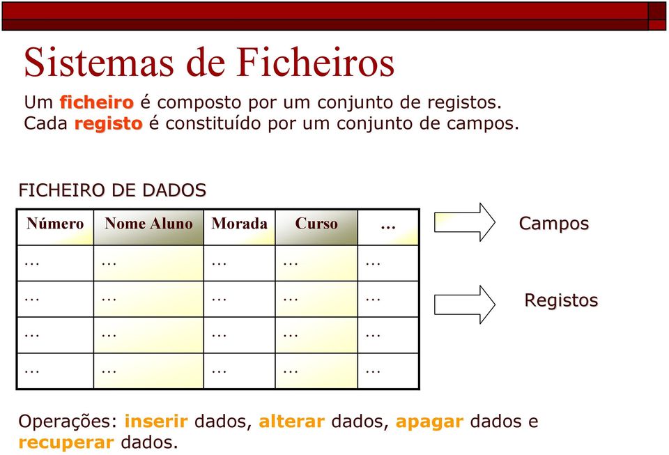 FICHEIRO DE DADOS Número Nome Aluno Morada Curso Campos Registos