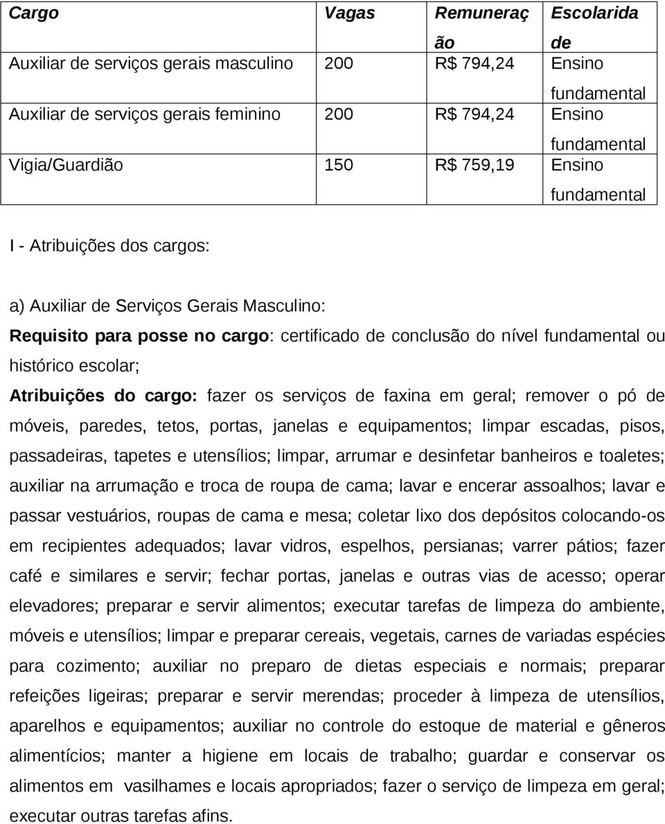 limpar escadas, pisos, passadeiras, tapetes e utensílios; limpar, arrumar e desinfetar banheiros e toaletes; auxiliar na arrumação e troca de roupa de cama; lavar e encerar assoalhos; lavar e passar