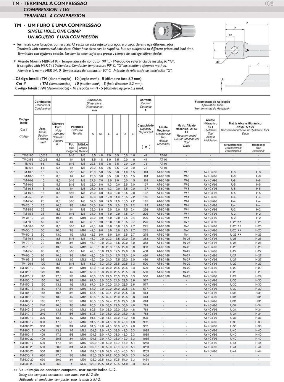 Terminales con agujeros padrón. Los demás estan sujetos a precio y tiempo de entrega diferenciados. tende Norma NBR- - Temperatura do condutor ºC - Método de referência de instalação G.