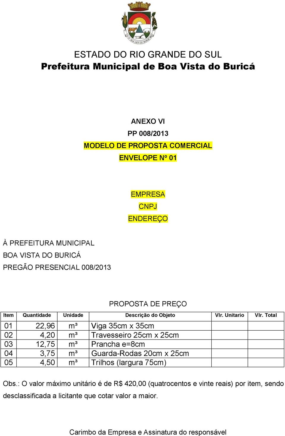 Total 01 22,96 m³ Viga 35cm x 35cm 02 4,20 m³ Travesseiro 25cm x 25cm 03 12,75 m³ Prancha e=8cm 04 3,75 m³ Guarda-Rodas 20cm x 25cm 05 4,50 m³