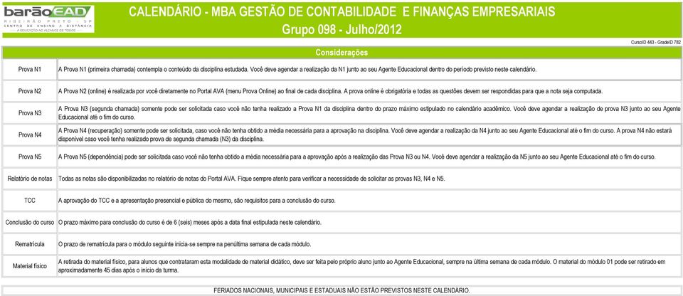 Prova N2 Prova N3 Prova N4 Prova N5 A Prova N2 (online) é realizada por você diretamente no Portal AVA (menu Prova Online) ao final de cada disciplina.