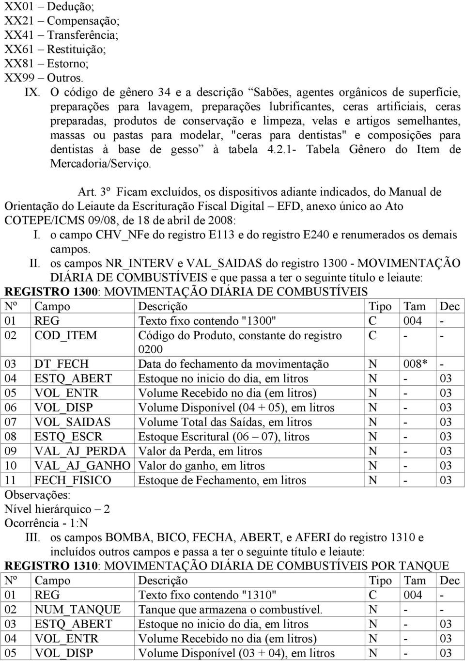 limpeza, velas e artigos semelhantes, massas ou pastas para modelar, "ceras para dentistas" e composições para dentistas à base de gesso à tabela 4.2.1- Tabela Gênero do Item de Mercadoria/Serviço.