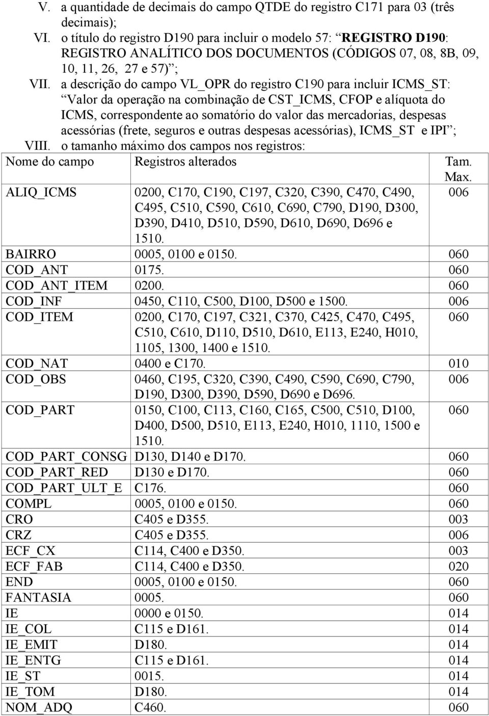 a descrição do campo VL_OPR do registro C190 para incluir ICMS_ST: Valor da operação na combinação de CST_ICMS, CFOP e alíquota do ICMS, correspondente ao somatório do valor das mercadorias, despesas