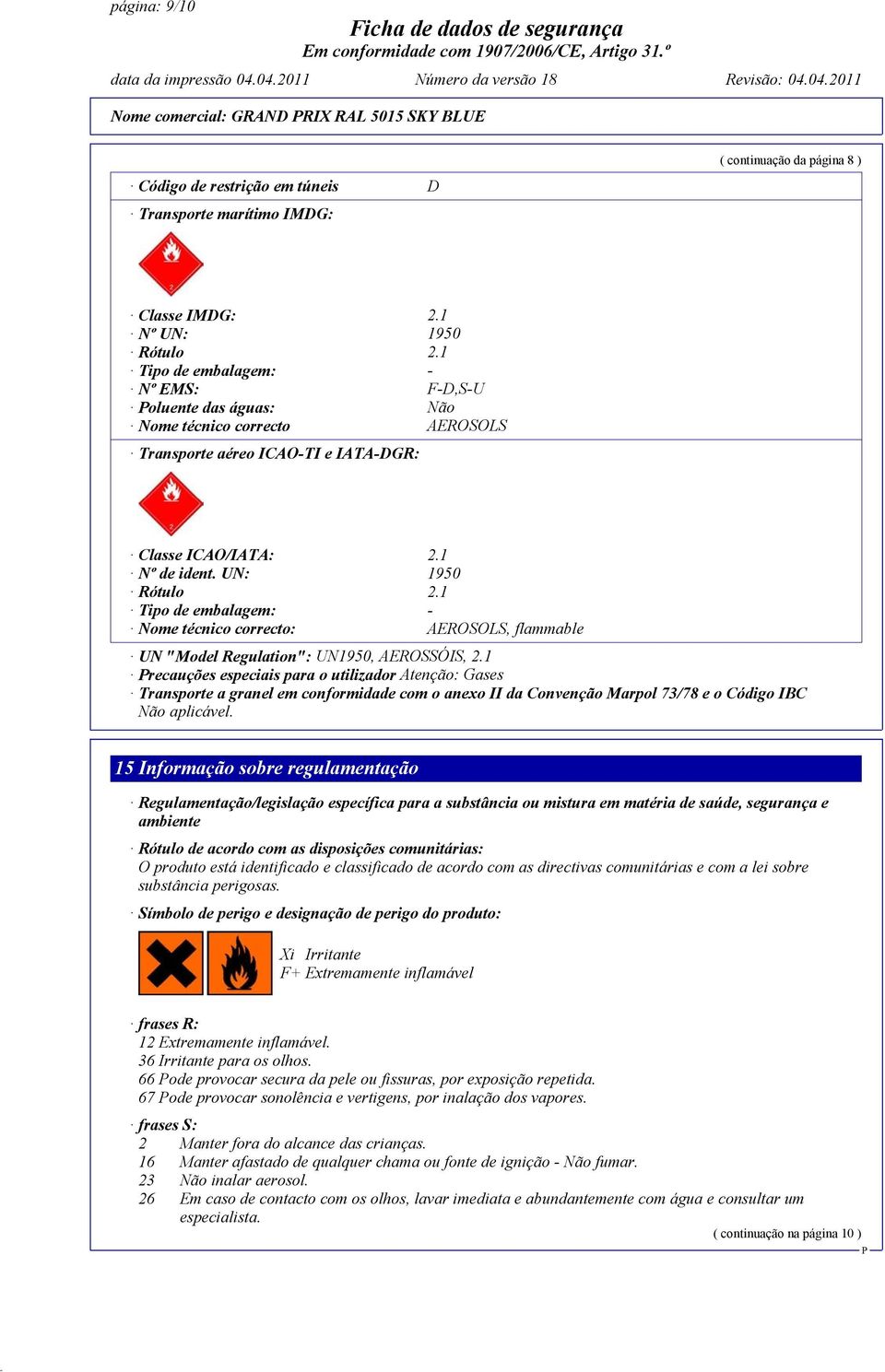 1 Tipo de embalagem: - Nome técnico correcto: AEROSOLS, flammable UN "Model Regulation": UN1950, AEROSSÓIS, 2.