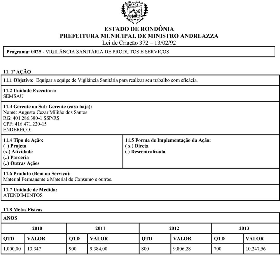 .) Prceri (..) Outrs Ações 11.5 Form de Implementção d Ação: ( x ) Diret ( ) Descentrlizd 11.6 Produto (Bem ou Serviço): Mteril Permnente e Mteril de Consumo e outros. 11.7 Unidde de Medid: ATENDIMENTOS 11.