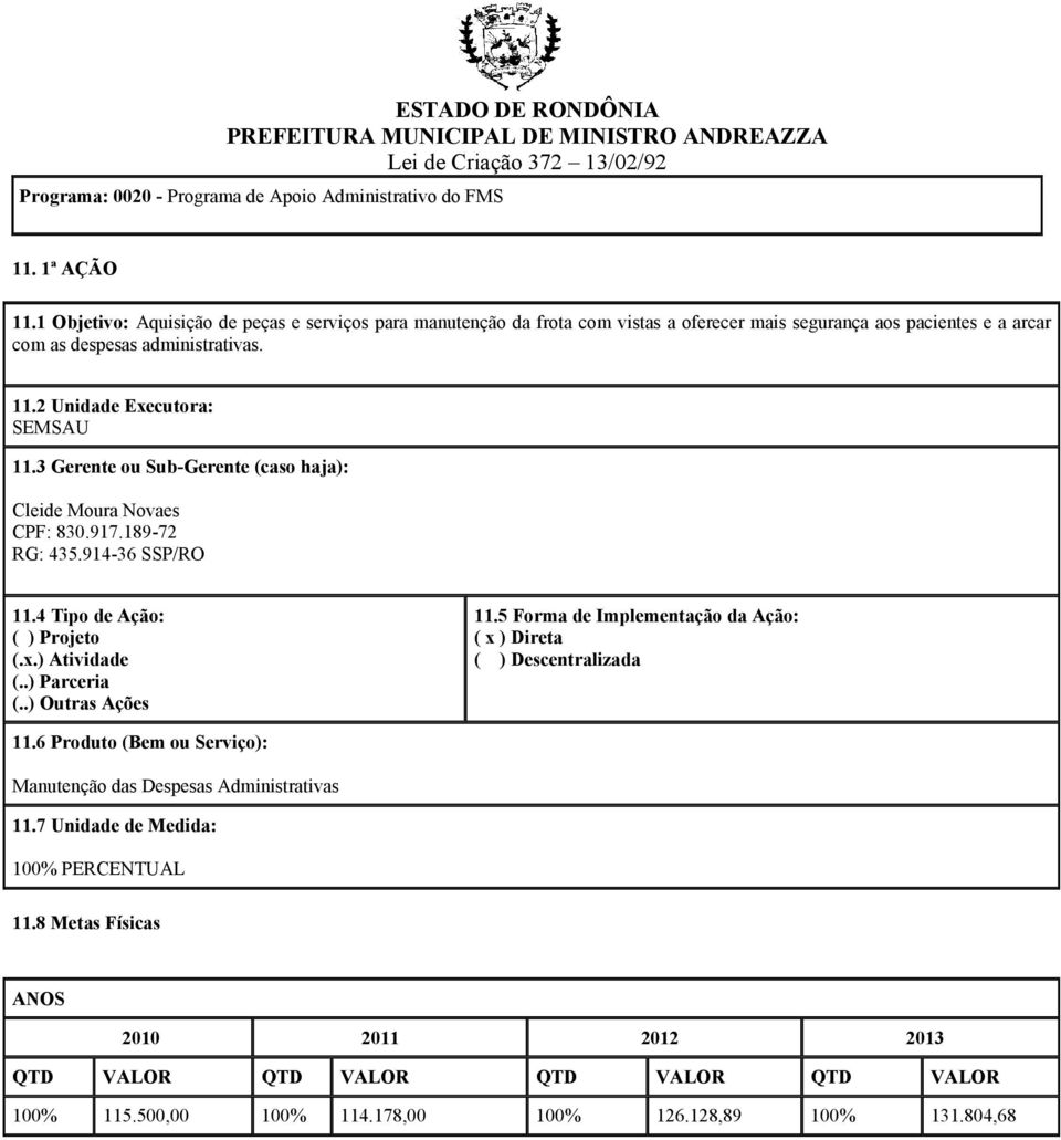 3 Gerente ou Sub-Gerente (cso hj): Cleide Mour Noves CPF: 830.917.189-72 RG: 435.914-36 SSP/RO 11.4 Tipo de Ação: ( ) Projeto (.x.) Atividde (..) Prceri (..) Outrs Ações 11.