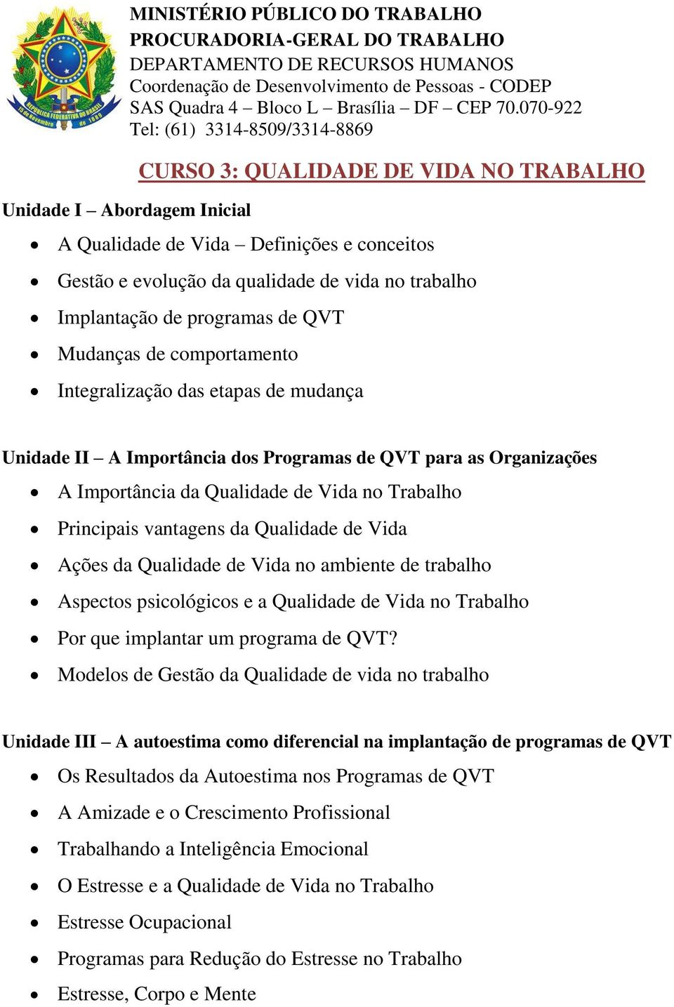 da Qualidade de Vida Ações da Qualidade de Vida no ambiente de trabalho Aspectos psicológicos e a Qualidade de Vida no Trabalho Por que implantar um programa de QVT?