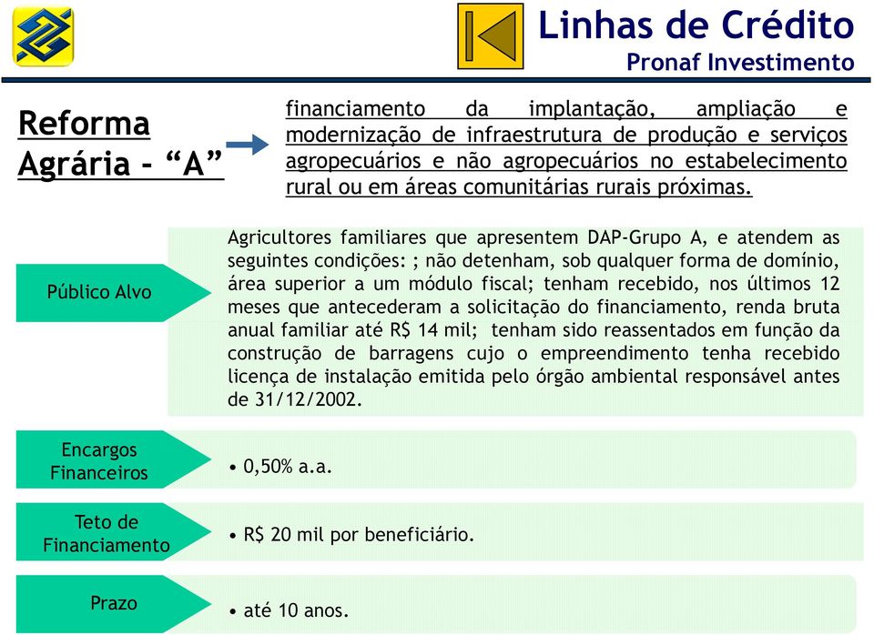 Agricultores familiares que apresentem DAP-Grupo A, e atendem as seguintes condições: ; não detenham, sob qualquer forma de domínio, área superior a um módulo fiscal; tenham recebido, nos últimos 12