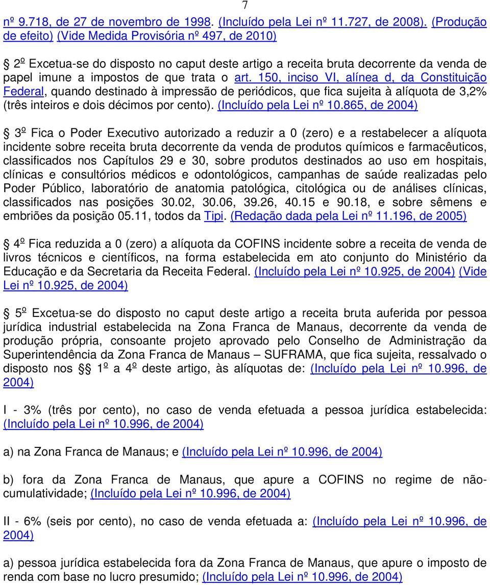 150, inciso VI, alínea d, da Constituição Federal, quando destinado à impressão de periódicos, que fica sujeita à alíquota de 3,2% (três inteiros e dois décimos por cento). (Incluído pela Lei nº 10.