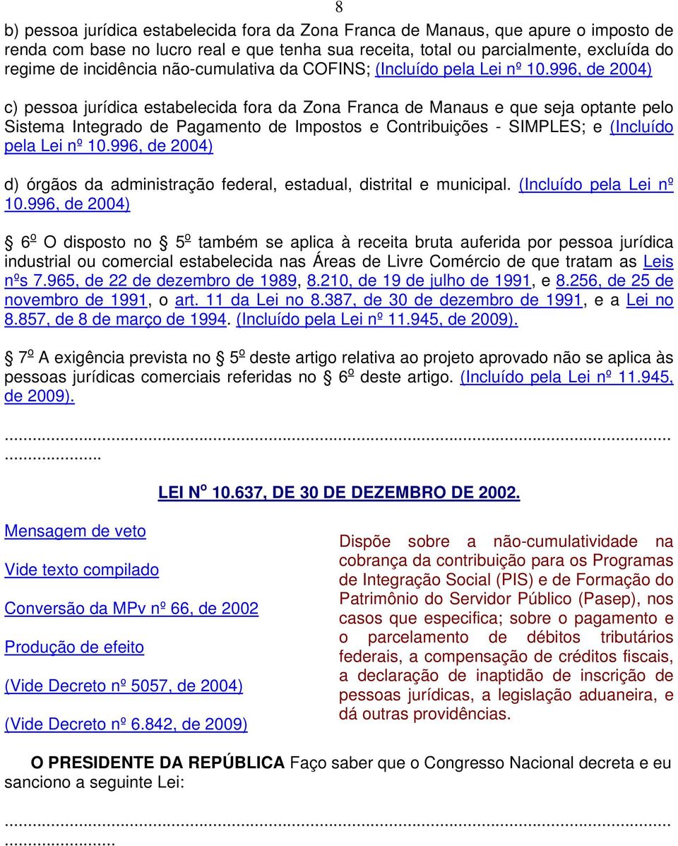 996, de 2004) c) pessoa jurídica estabelecida fora da Zona Franca de Manaus e que seja optante pelo Sistema Integrado de Pagamento de Impostos e Contribuições - SIMPLES; e (Incluído pela Lei nº 10.