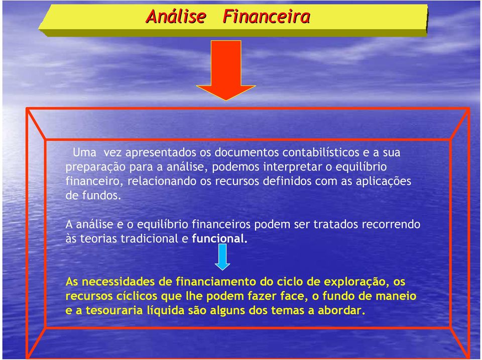 A análise e o equilíbrio financeiros podem ser tratados recorrendo às teorias tradicional e funcional.