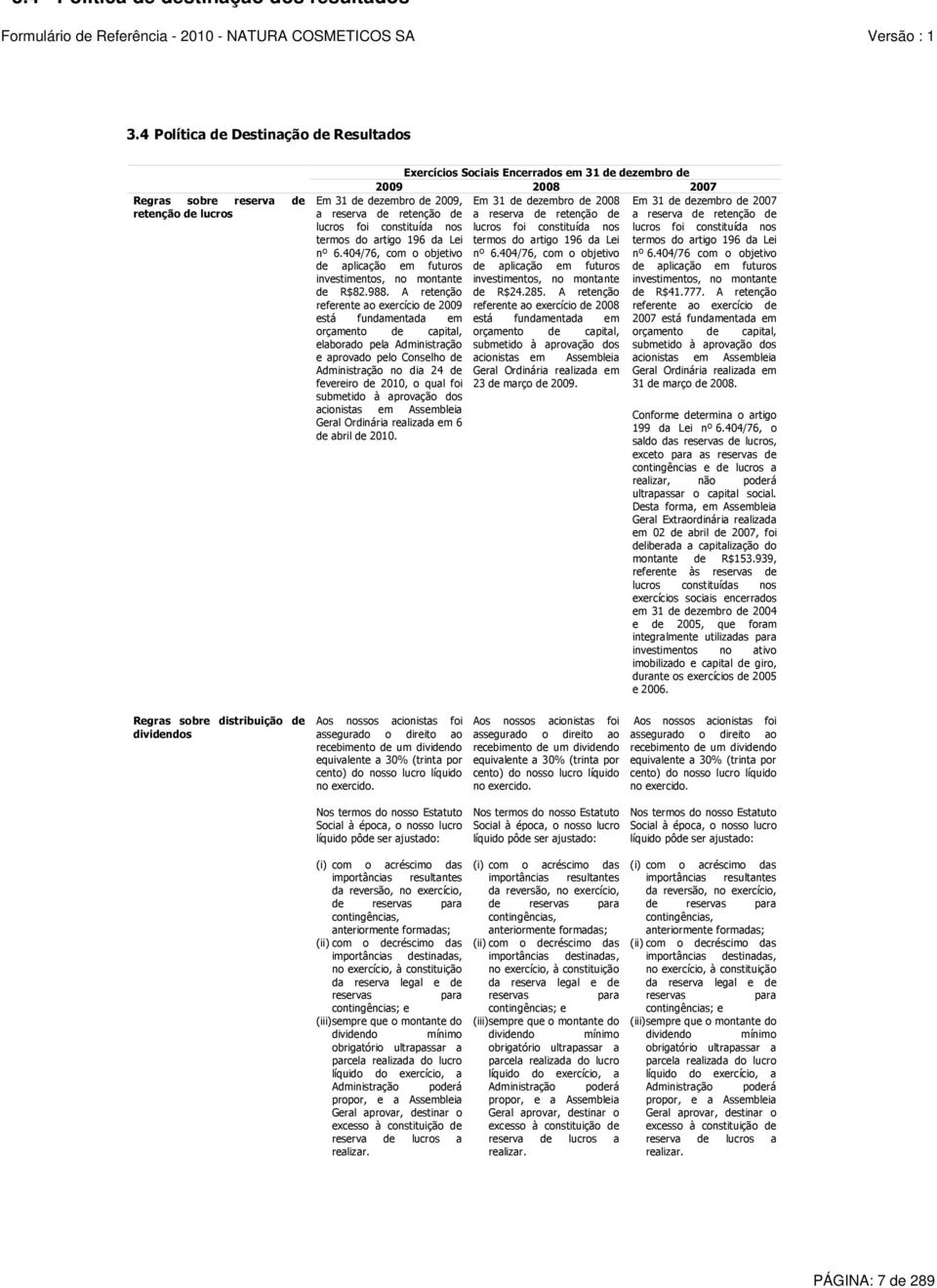 dezembro de 2008 a reserva de retenção de lucros foi constituída nos termos do artigo 196 da Lei nº 6.404/76, com o objetivo de aplicação em futuros investimentos, no montante de R$24.285.