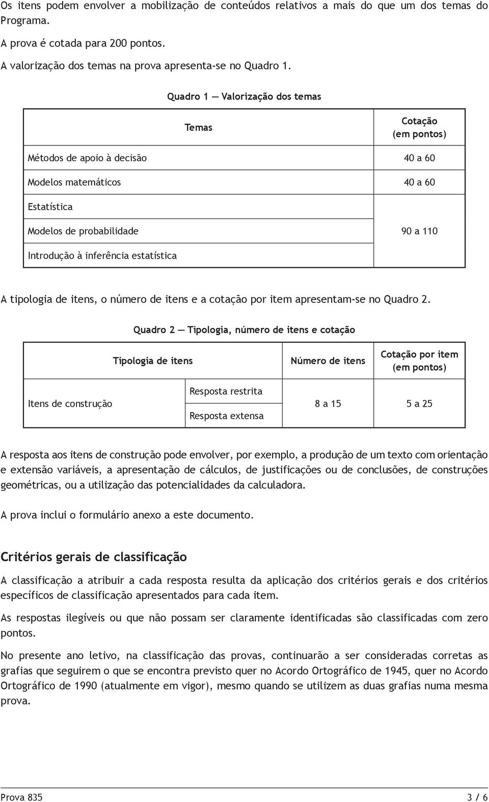 estatística A tipologia de itens, o número de itens e a cotação por item apresentam-se no Quadro 2.