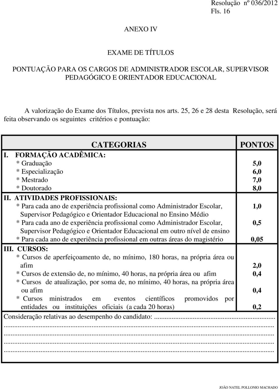 ATIVIDADES PROFISSIONAIS: * Para cada ano de experiência profissional como Administrador Escolar, Supervisor Pedagógico e Orientador Educacional no Ensino Médio * Para cada ano de experiência