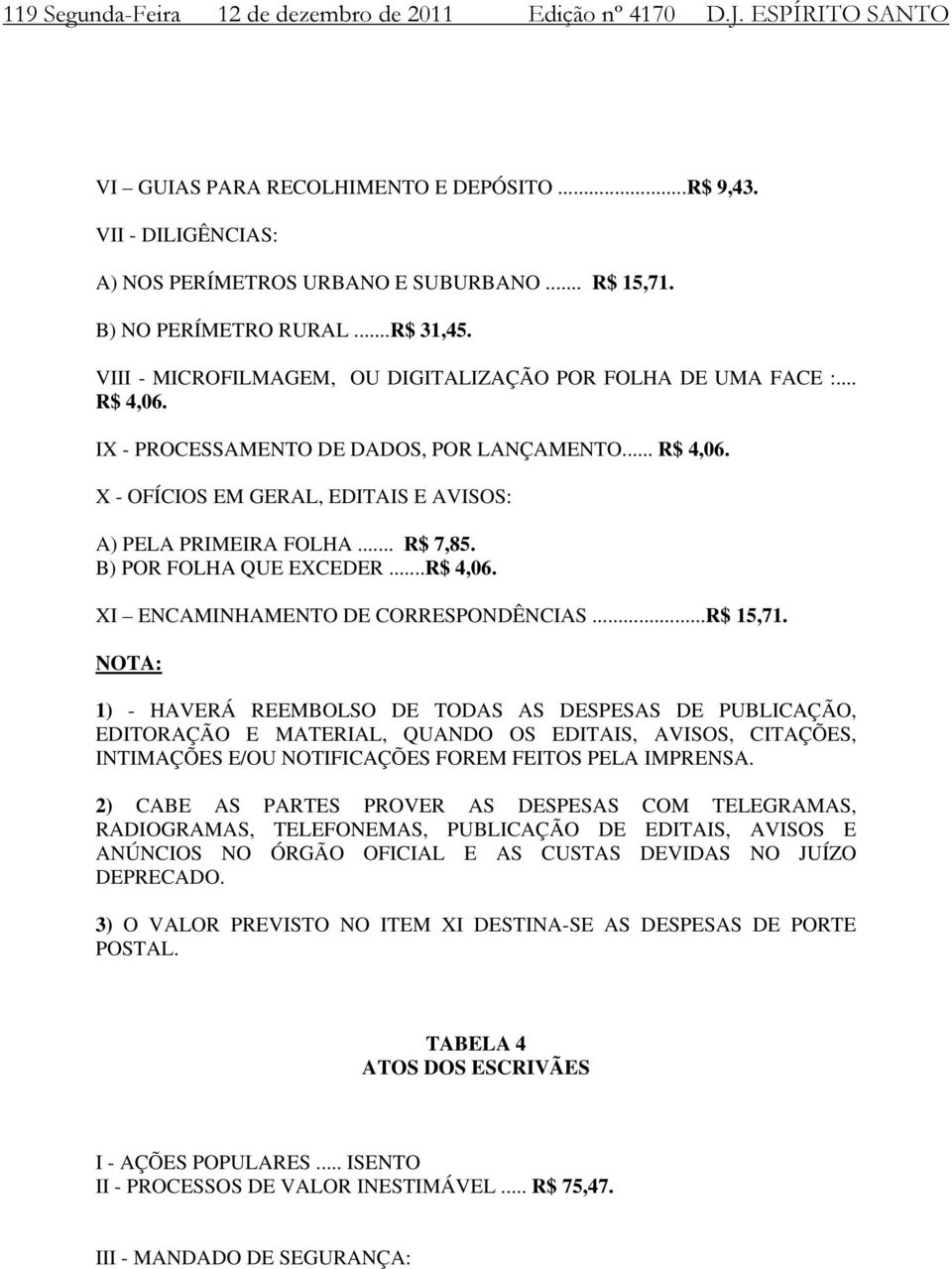 .. R$ 7,85. B) POR FOLHA QUE EXCEDER...R$ 4,06. XI ENCAMINHAMENTO DE CORRESPONDÊNCIAS...R$ 15,71.