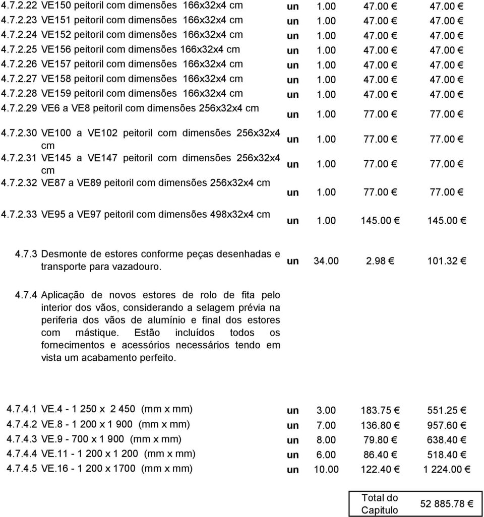 00 47.00 47.00 4.7.2.28 VE159 peitoril com dimensões 166x32x4 cm un 1.00 47.00 47.00 4.7.2.29 VE6 a VE8 peitoril com dimensões 256x32x4 cm un 1.00 77.00 77.00 4.7.2.30 VE100 a VE102 peitoril com dimensões 256x32x4 un cm 1.