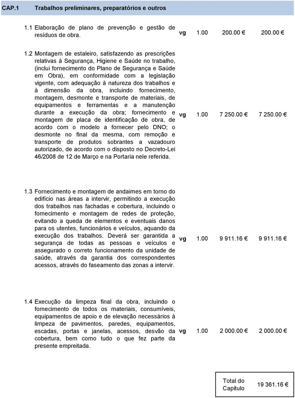 vigente, com adequação à natureza dos trabalhos e à dimensão da obra, incluindo fornecimento, montagem, desmonte e transporte de materiais, de equipamentos e ferramentas e a manutenção durante a