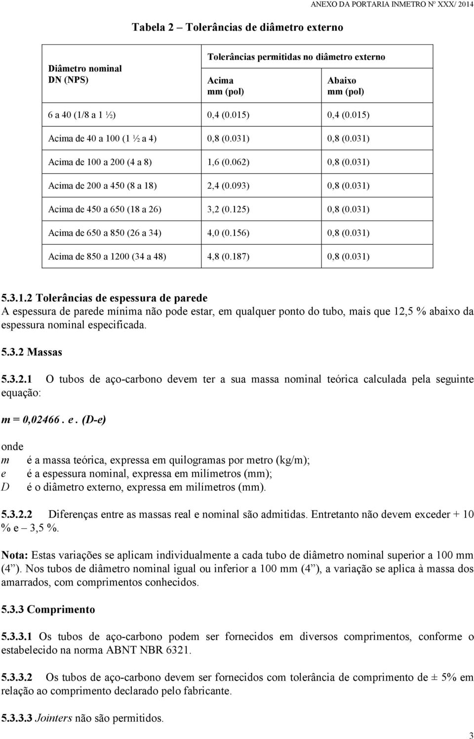 031) Acima de 450 a 650 (18 a 26) 3,2 (0.125) 0,8 (0.031) Acima de 650 a 850 (26 a 34) 4,0 (0.156) 0,8 (0.031) Acima de 850 a 1200 (34 a 48) 4,8 (0.187) 0,8 (0.031) 5.3.1.2 Tolerâncias de espessura de parede A espessura de parede mínima não pode estar, em qualquer ponto do tubo, mais que 12,5 % abaixo da espessura nominal especificada.