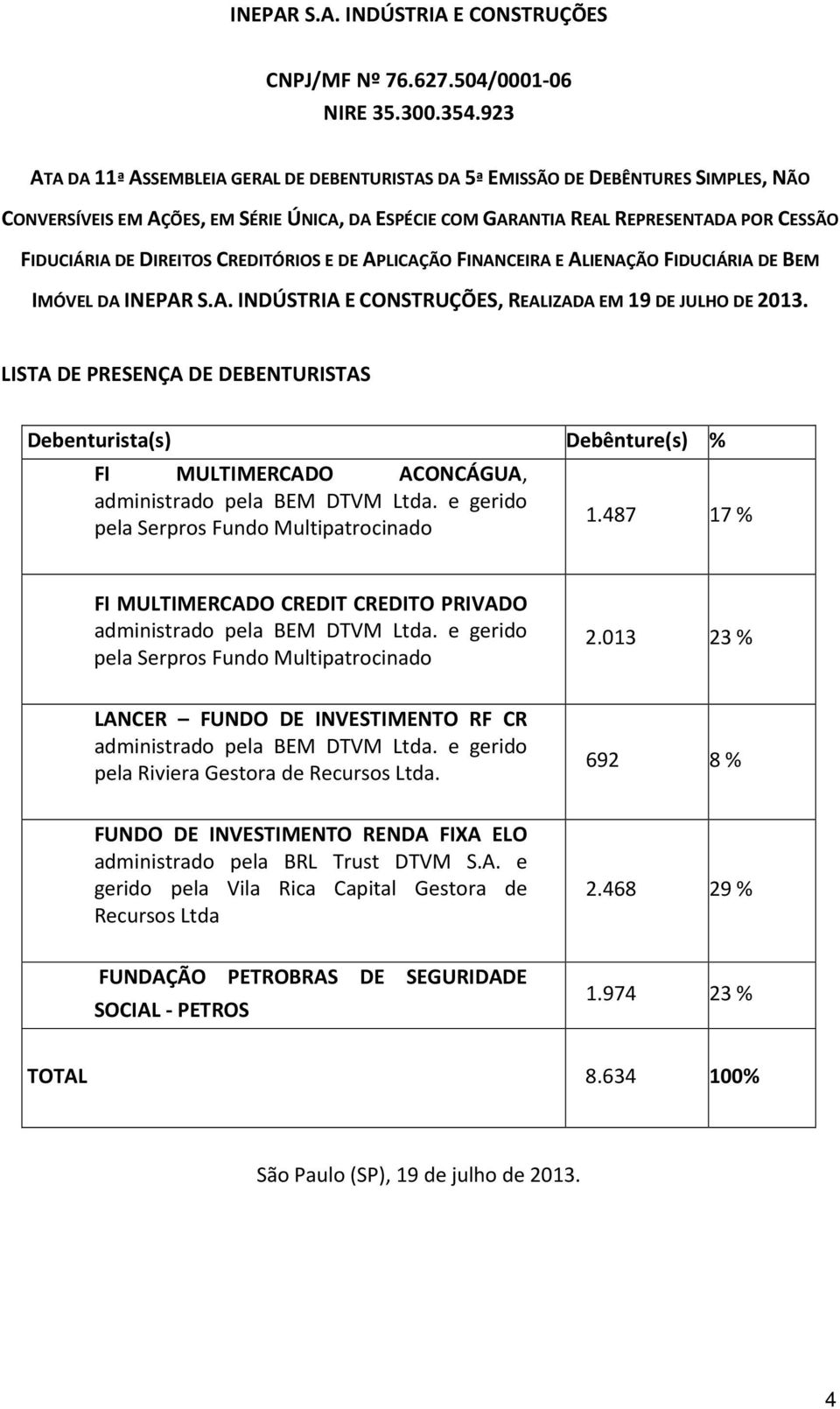 DIREITOS CREDITÓRIOS E DE APLICAÇÃO FINANCEIRA E ALIENAÇÃO FIDUCIÁRIA DE BEM IMÓVEL DA INEPAR S.A. INDÚSTRIA E CONSTRUÇÕES, REALIZADA EM 19 DE JULHO DE 2013.