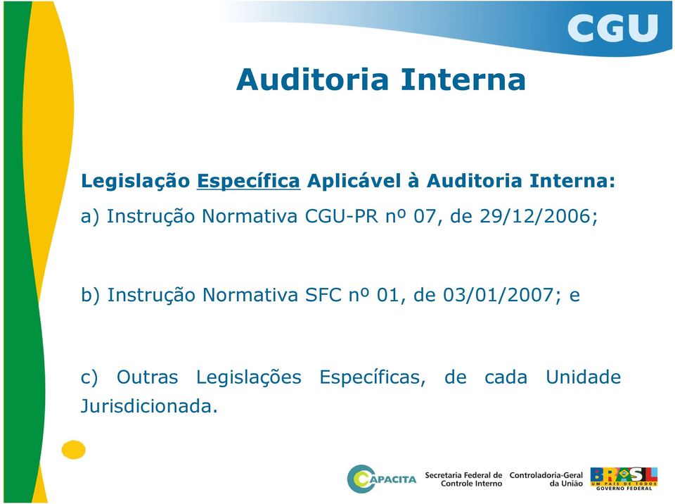 Interna: a) Instrução Normativa CGU-PR nº 07, de 29/12/2006; b) Instrução Normativa