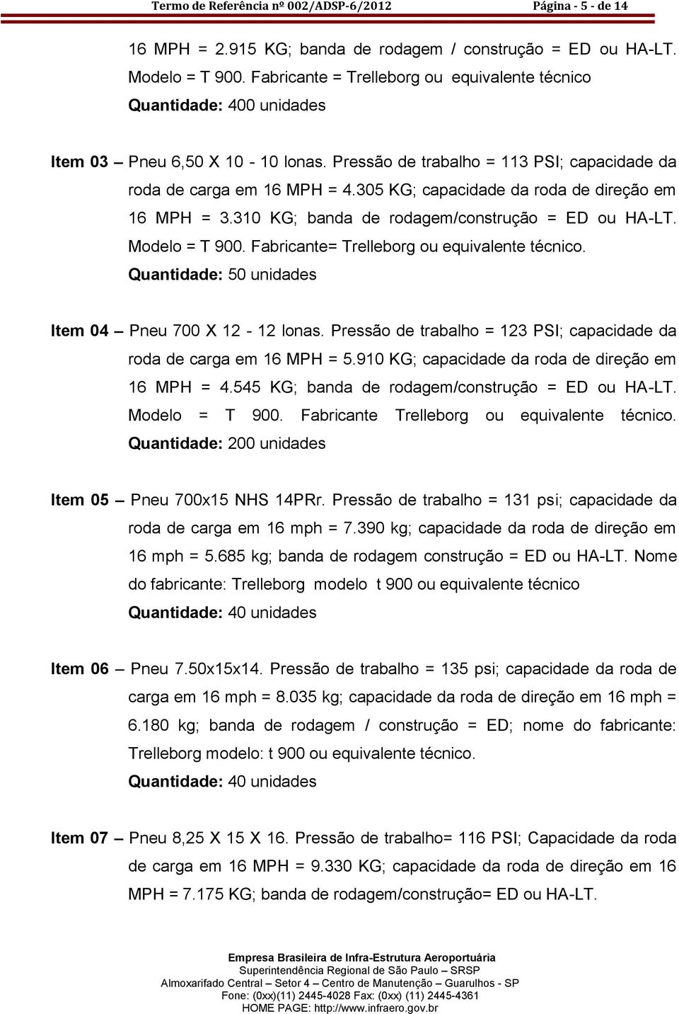 305 KG; capacidade da roda de direção em 16 MPH = 3.310 KG; banda de rodagem/construção = ED ou HA-LT. Modelo = T 900. Fabricante= Trelleborg ou equivalente técnico.