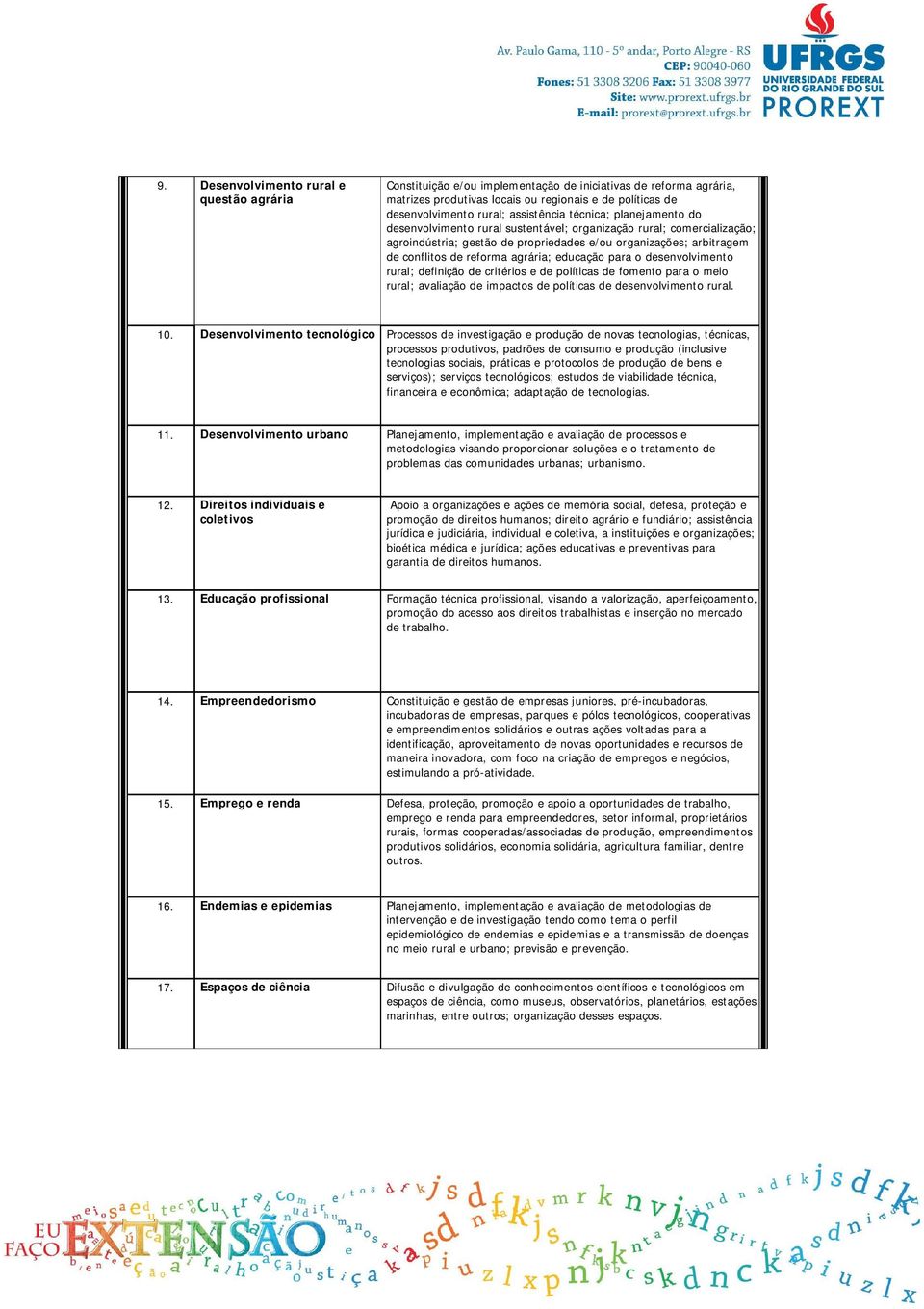 agrária; educação para o desenvolvimento rural; definição de critérios e de políticas de fomento para o meio rural; avaliação de impactos de políticas de desenvolvimento rural. 10.