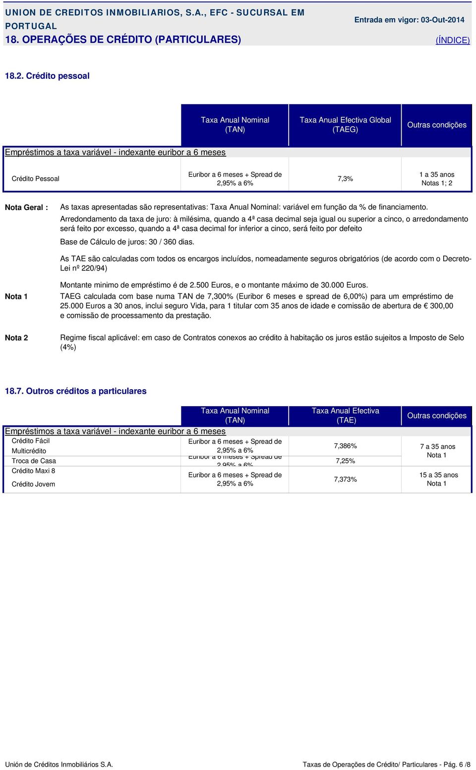 1; 2 Nota Geral : As taxas apresentadas são representativas: Taxa Anual Nominal: variável em função da % de financiamento.